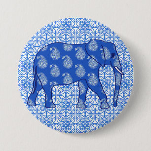 Bóton Redondo 7.62cm Elefante de Paisley - azul de cobalto e branco