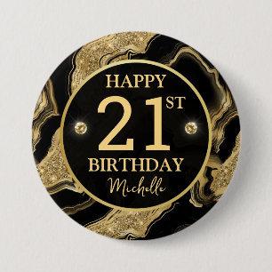 Bóton Redondo 7.62cm Elegante Preto e Dourado Brilho Ágata Aniversário