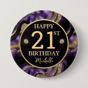 Bóton Redondo 7.62cm Elegante Roxo e Dourado Glitter Ágata Aniversário