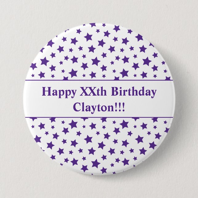 Bóton Redondo 7.62cm Estrelas Roxas Personalizadas com Botão de Anivers (Frente)