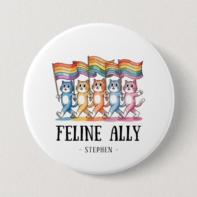 Bóton Redondo 7.62cm Feline Ally - Rainbow Cat LGBTQ Pride (Frente)