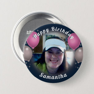 Bóton Redondo 7.62cm Feliz Aniversário Balões e Foto Rosa