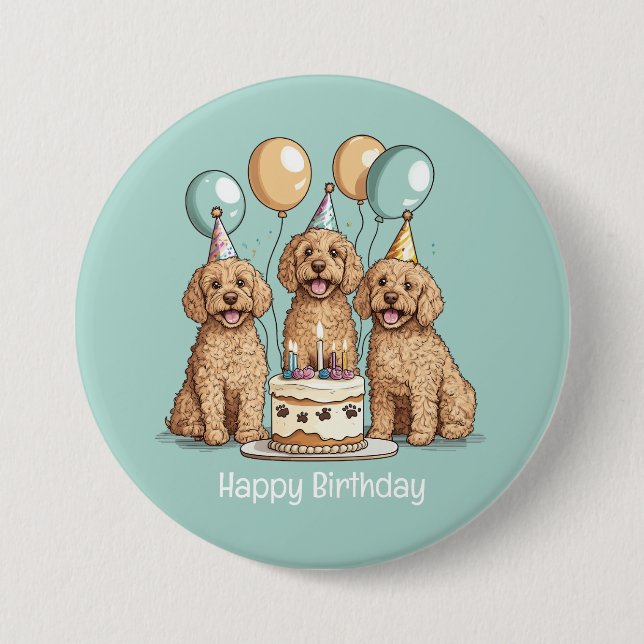 Bóton Redondo 7.62cm Feliz Aniversário Cachorros de Goldendoodle (Frente)
