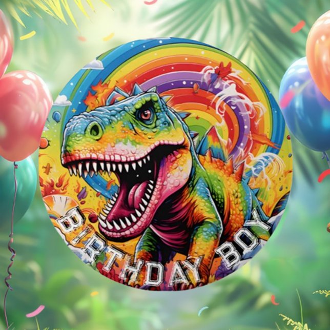 Bóton Redondo 7.62cm Feliz aniversário do Rainbow dinossauro (Rainbow Dinosaur Happy Birthday Button for Fun Celebrations!)