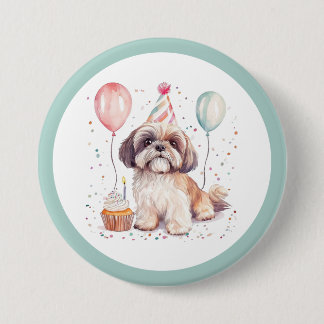 Bóton Redondo 7.62cm Feliz Aniversário Shih Tzu Cachorro Cupcake