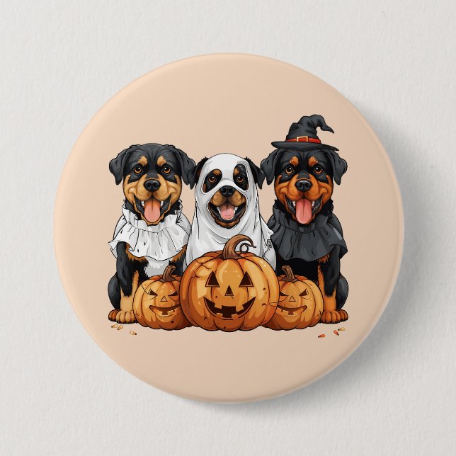 Bóton Redondo 7.62cm Feliz Halloween Rottweiler Cães Jack O Lanterna (Frente)