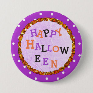 Bóton Redondo 7.62cm Feliz Halloween Roxo e Botões Laranja
