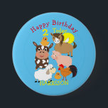 Bóton Redondo 7.62cm Festa de Aniversário de criança considerada para a<br><div class="desc">Um belo botão de feliz aniversário para todas aquelas crianças que amam animais ou talvez você esteja tendo uma festa de aniversário em um parque de fazendas. Uma design alegre e divertida com vaca branca, cavalo, porco, ovelha, galo e pequenos patos. Não se esqueça de mudar o nome, a idade...</div>