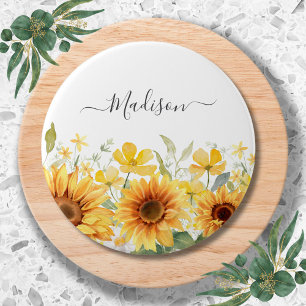 Bóton Redondo 7.62cm Flor Monograma Amarelo Flor Girassol Botânico