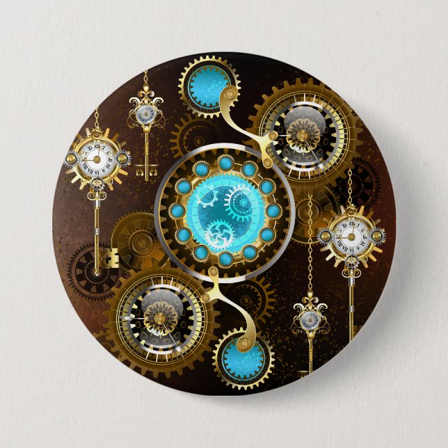 Bóton Redondo 7.62cm Fundo Rusty Steampunk com Lentes Turquesa (Frente)