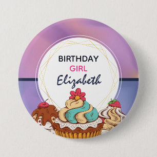 Bóton Redondo 7.62cm Garota de Aniversário do Abstrato Rosa e Roxo Mod