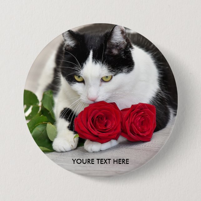 Bóton Redondo 7.62cm Gato fofo com a rosa vermelha (Frente)