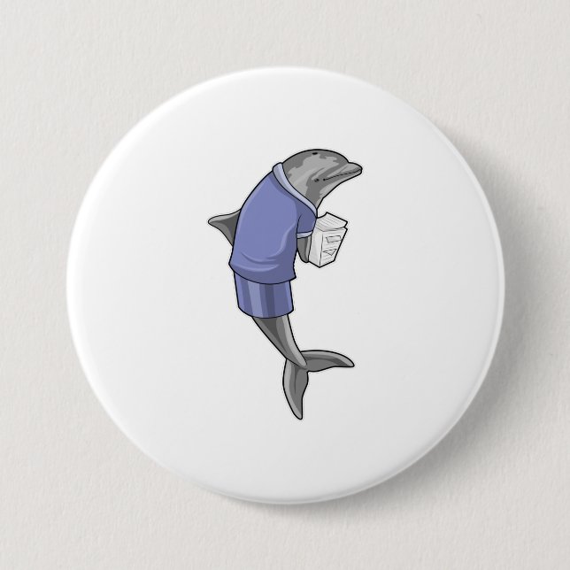 Bóton Redondo 7.62cm Golfinho como Secretário com Pilha de Papel (Frente)