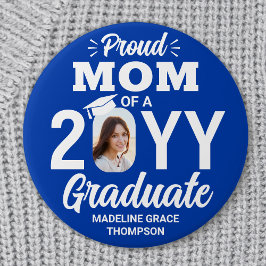 Bóton Redondo 7.62cm Graduate Photo Proud Mom Modern Royal Blue & White