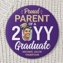Bóton Redondo 7.62cm Graduate Photo Proud Parent Modern Purple & Gold