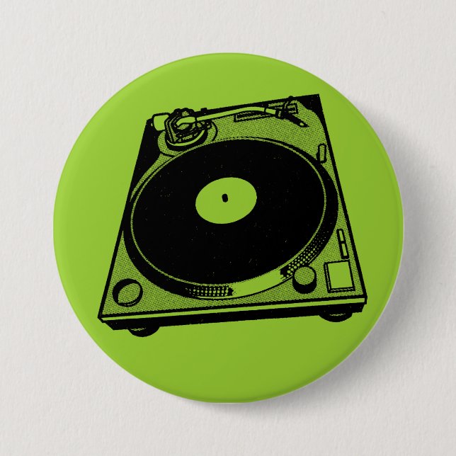 Bóton Redondo 7.62cm Gráfico Retro Turntable a Preto (Frente)