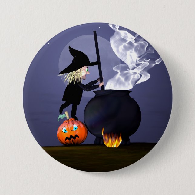 Bóton Redondo 7.62cm Halloween Witch e Cauldron (Frente)