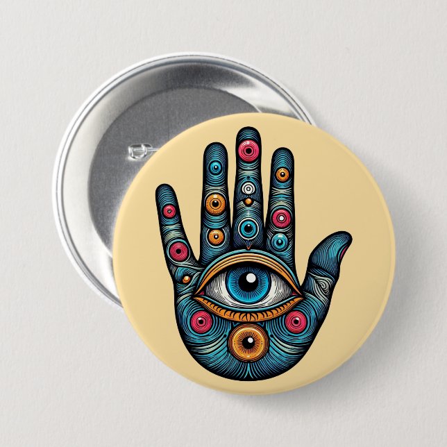 Bóton Redondo 7.62cm Hamsa Mão com e ilustração de arte ocular (Frente & Verso)