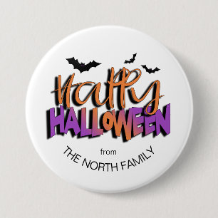 Bóton Redondo 7.62cm Happy Halloween Typography com Bats Orange ID685