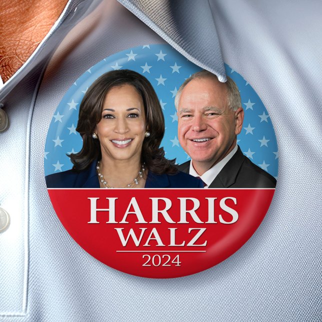 Bóton Redondo 7.62cm Kamala Harris e Tim Walz 2024 - Estrelas modernas (Campaign Button)