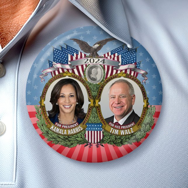 Bóton Redondo 7.62cm Kamala Harris e Tim Walz 2024 - Stars Jugate (Campaign Button)