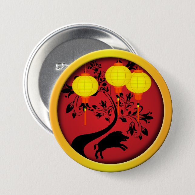 Bóton Redondo 7.62cm Lanternas Douradas do Porco no Ano Novo Chinês Ele (Frente & Verso)