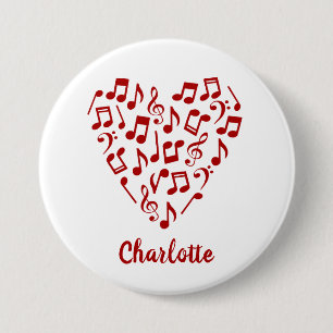 Bóton Redondo 7.62cm Love Music Heart of Red Music Notes with Name