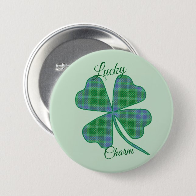 Bóton Redondo 7.62cm Lucky Green Plaid Shamrock Four-Leaf Clover  (Frente & Verso)
