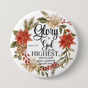 Bóton Redondo 7.62cm Luke 2:14 Glória a Deus Dourada Floral de Natal