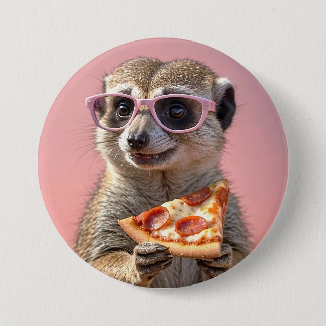 Bóton Redondo 7.62cm Meerkat bonito com óculos e pizza (Frente)