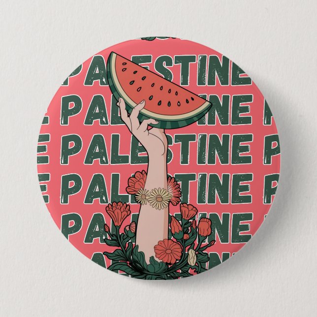 Bóton Redondo 7.62cm melancia, flores e texto palestino Repetir (Frente)