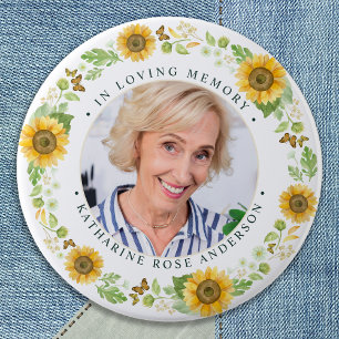 Bóton Redondo 7.62cm Memorial Sunflower Personalizado Funeral Fotográf