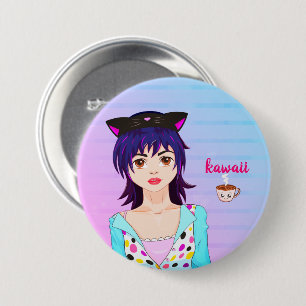 Bóton Redondo 7.62cm Menina de anime bonito e xícara de café kawaii