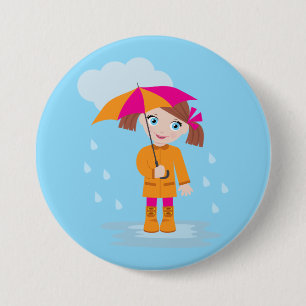Bóton Redondo 7.62cm Menina de Casaco Laranja com Guarda-Chuva Rosa