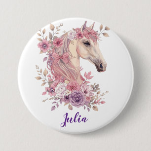 Bóton Redondo 7.62cm Meninas Lindos Cavalos Floral Pastel Cavalo