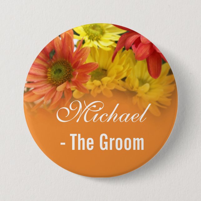 Bóton Redondo 7.62cm Noiva de margarida vermelha, amarela e laranja, ca (Frente)