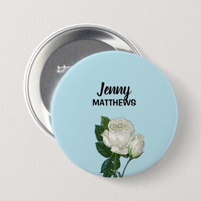 Bóton Redondo 7.62cm Nome personalizado das rosas brancas de vindima em (Frente & Verso)