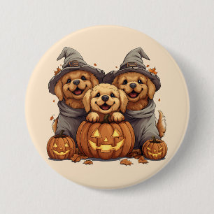Bóton Redondo 7.62cm Ouro de Halloween Cães de Retriever Jack O Lantern