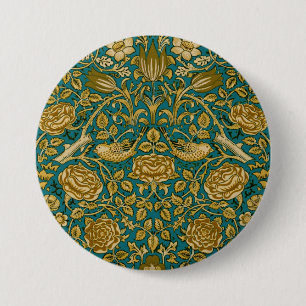 Bóton Redondo 7.62cm Padrão Rosa Tudor William Morris Azul Dourado