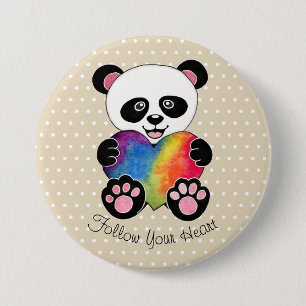 Bóton Redondo 7.62cm Panda bonito da aguarela com coração do arco-ír