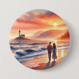 Bóton Redondo 7.62cm Passeio Romântico pelo Farol do Pôr do Sol na Cost