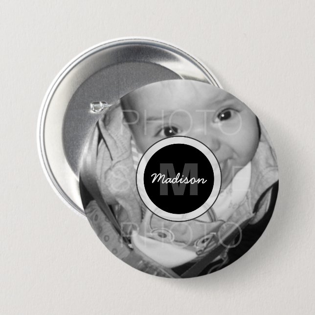 Bóton Redondo 7.62cm Personalizar o Monograma de Fotos em Branco Preto (Frente & Verso)