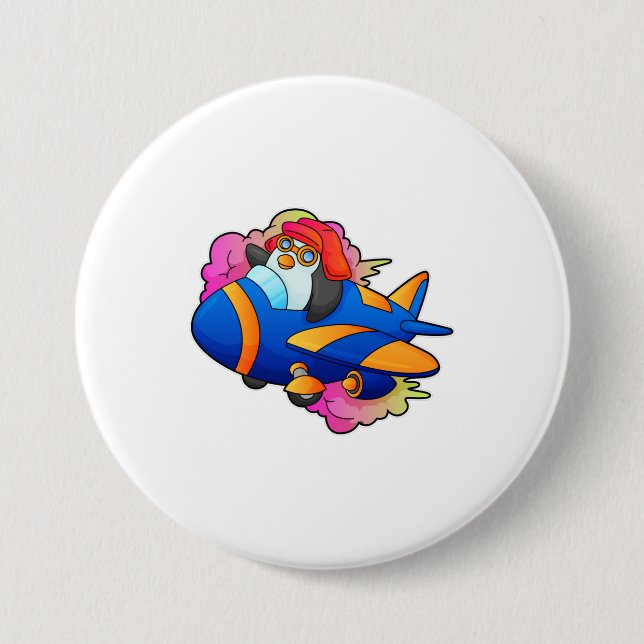 Bóton Redondo 7.62cm Pinguim como piloto com avião (Frente)