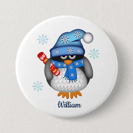 Bóton Redondo 7.62cm Pinguim de natal bonito com nome personalizado