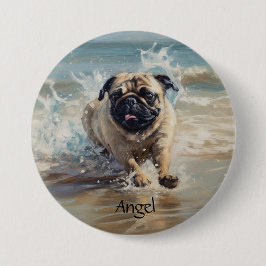 Bóton Redondo 7.62cm Pug Feliz na Praia personalizável