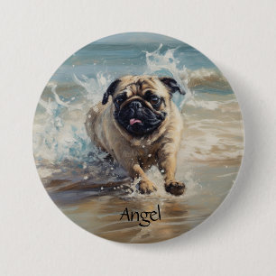 Bóton Redondo 7.62cm Pug Feliz na Praia personalizável