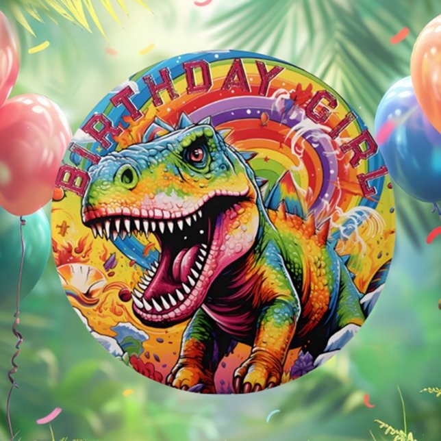 Bóton Redondo 7.62cm Rainbow dinossauro feliz aniversário (Rainbow Dinosaur Happy Birthday Girl Button - Fun & Cute!

—)
