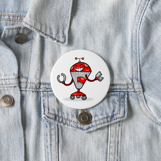 Bóton Redondo 7.62cm Red e Silver AI Bot do Retro Robot (Criador carregado)