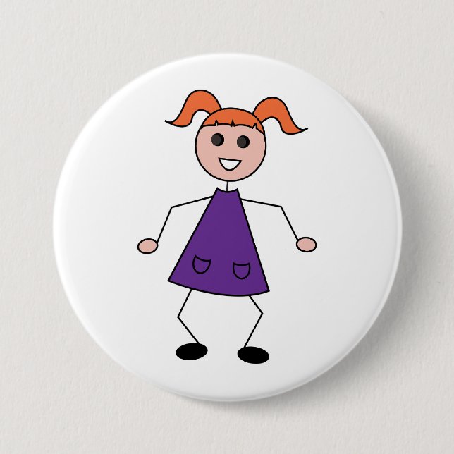 Bóton Redondo 7.62cm Redhead Girl Stick Figure in Purple Dress (Frente)