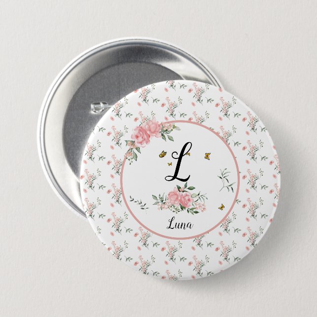 Bóton Redondo 7.62cm Rosas Rosa Elegantes De Aquarelas com Borboletas (Frente & Verso)